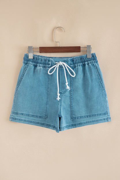 Light Wash Drawstring Denim Shorts Elastic Waist Pockets