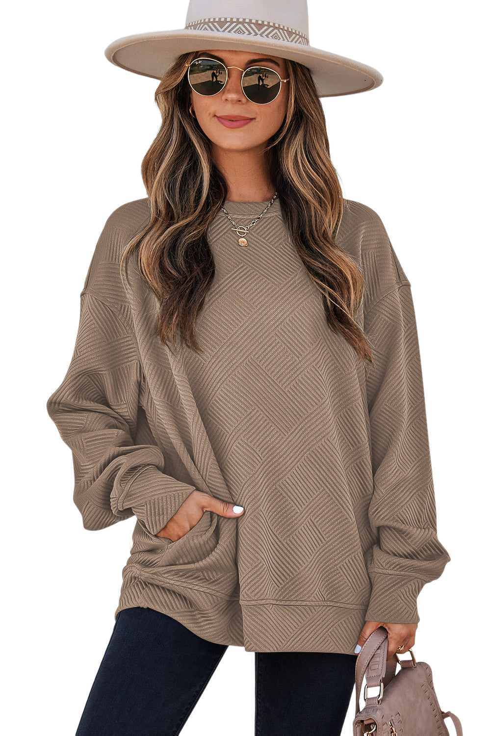Jungle Green Solid Color Textured Round Neck Drop Shoulder Pullover Sweatshirt
