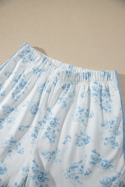 Blue Floral Lounge Set Long Sleeve Top Ruffle Shorts