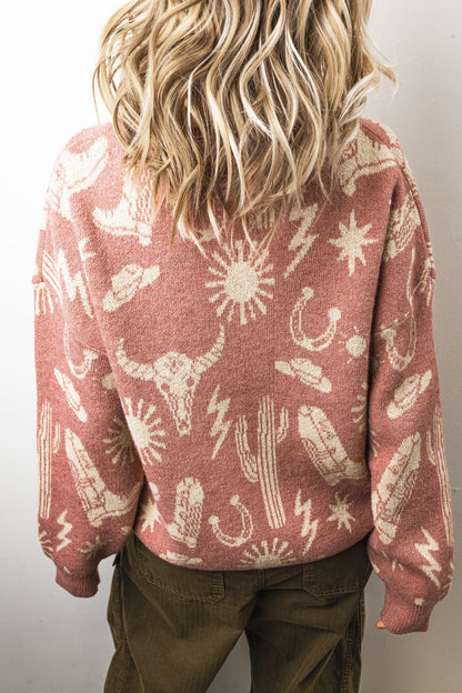 Western Celestial Print Oversized Crew Neck Sweater
