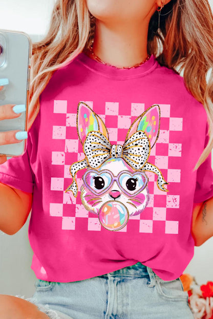 Rose Red Plaid Bunny Bubble Gum Easter Graphic Tee