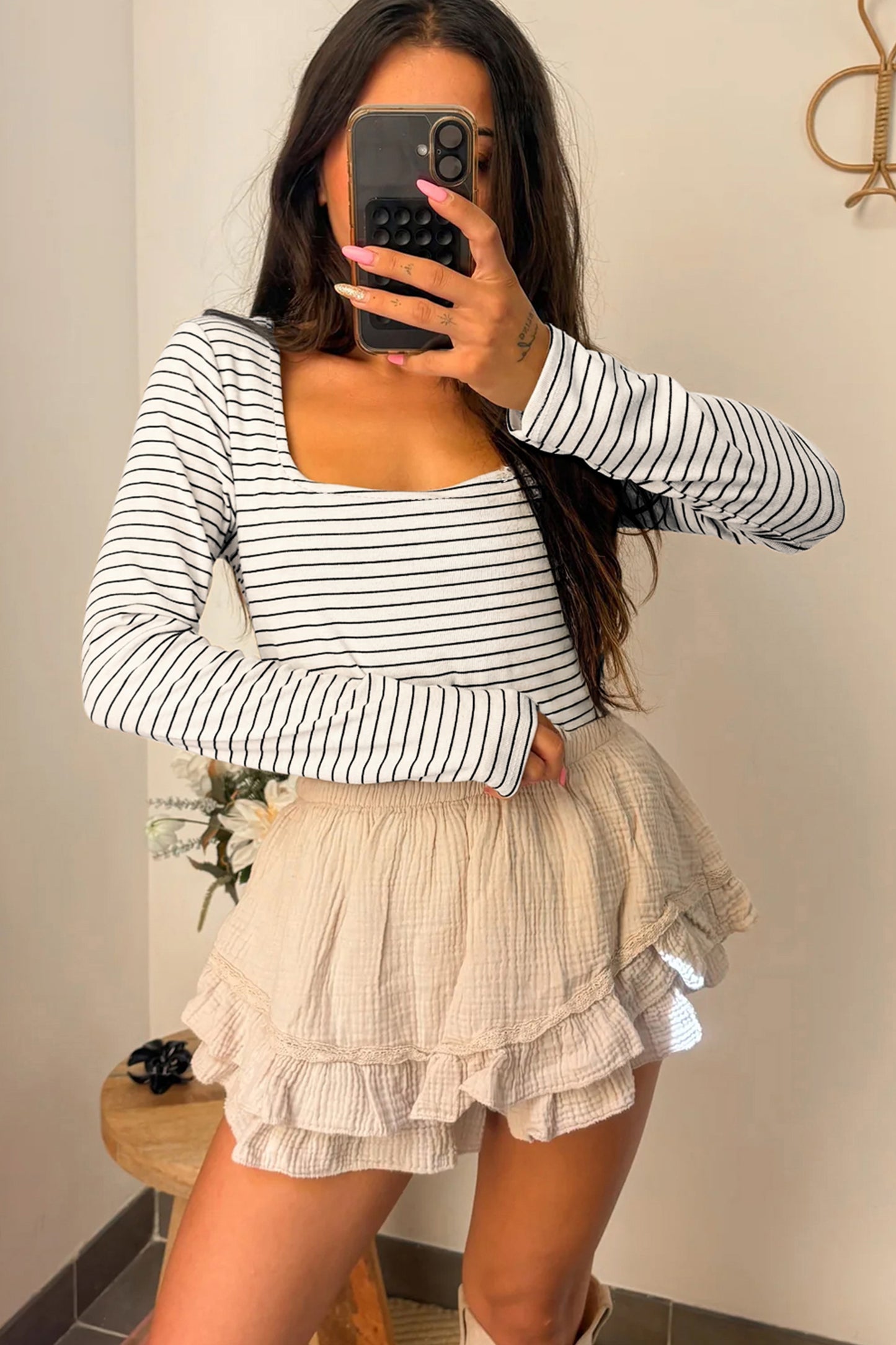 Striped Square Neck Long Sleeve Stretch Knit Top for Women