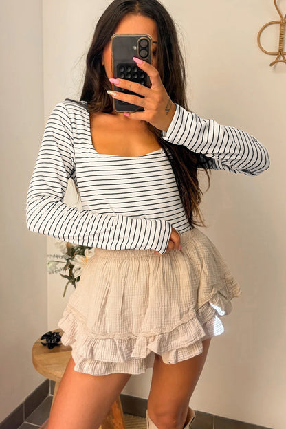 Striped Square Neck Long Sleeve Stretch Knit Top for Women