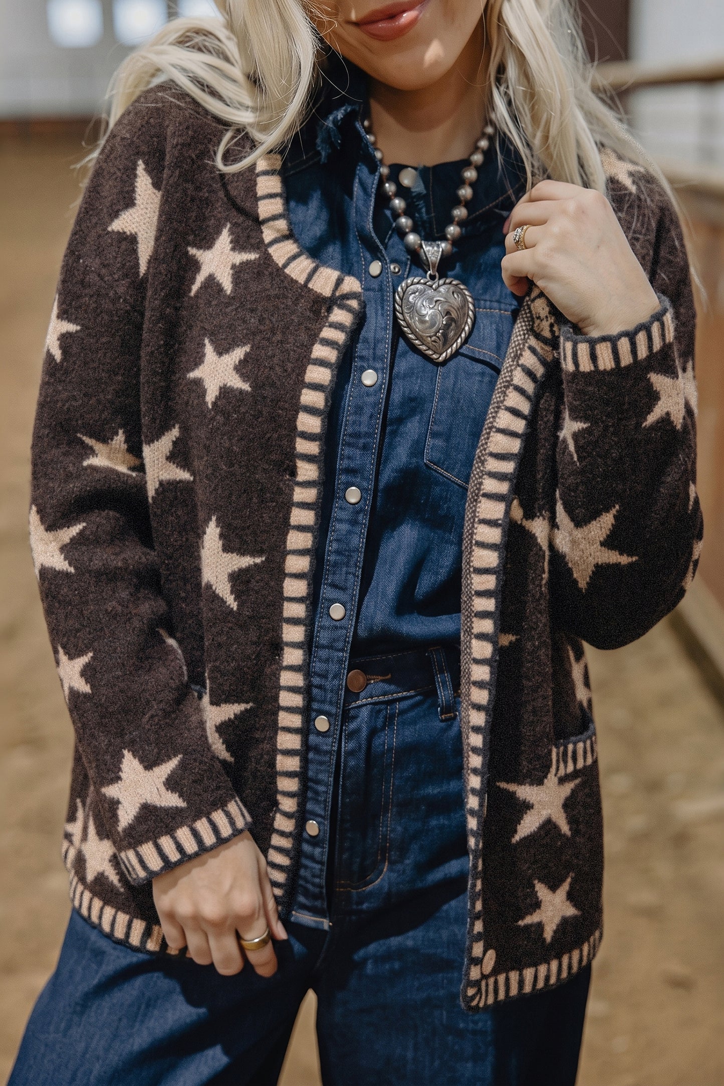 Star Pattern Knit Button Front Cardigan