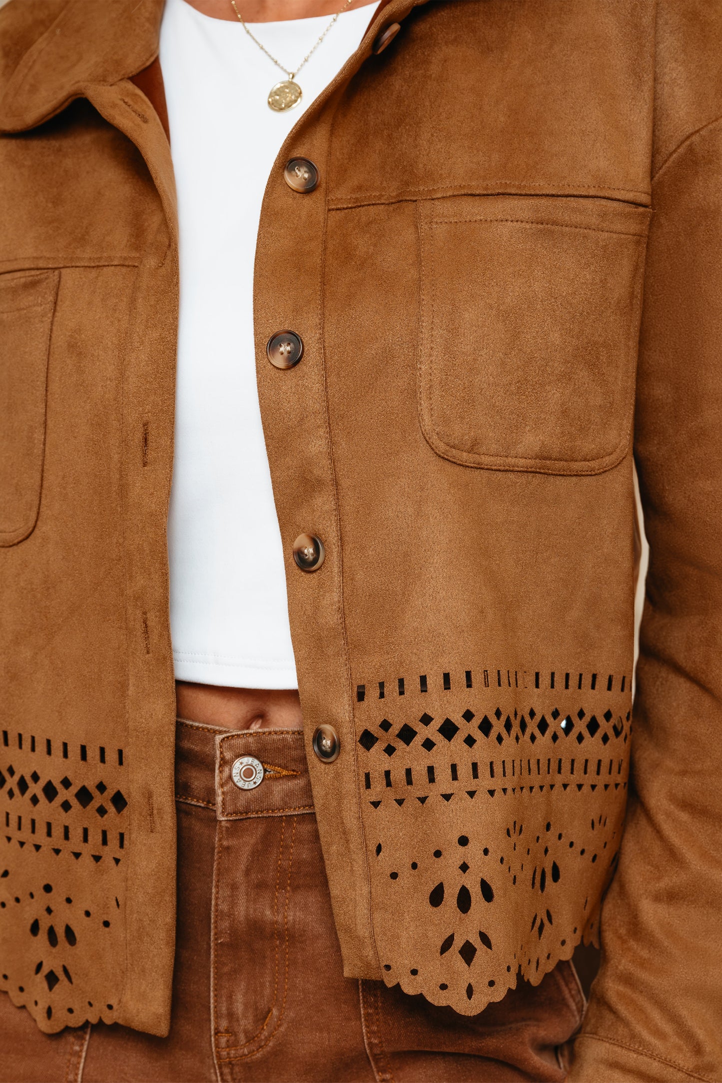 Faux Suede Laser Cut Button Down Retro Western Jacket