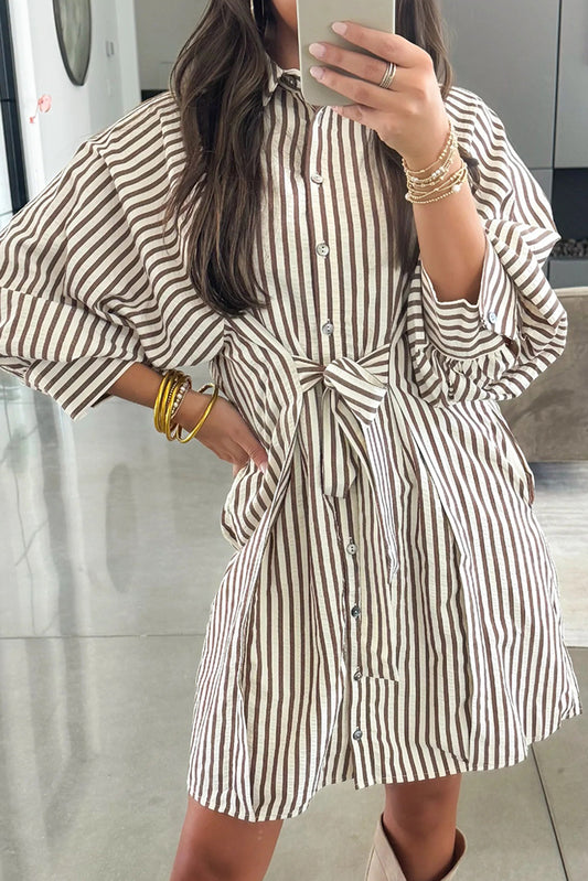 Brown Stripe Knot Waist Puff Sleeve Button Down Shirt Dress