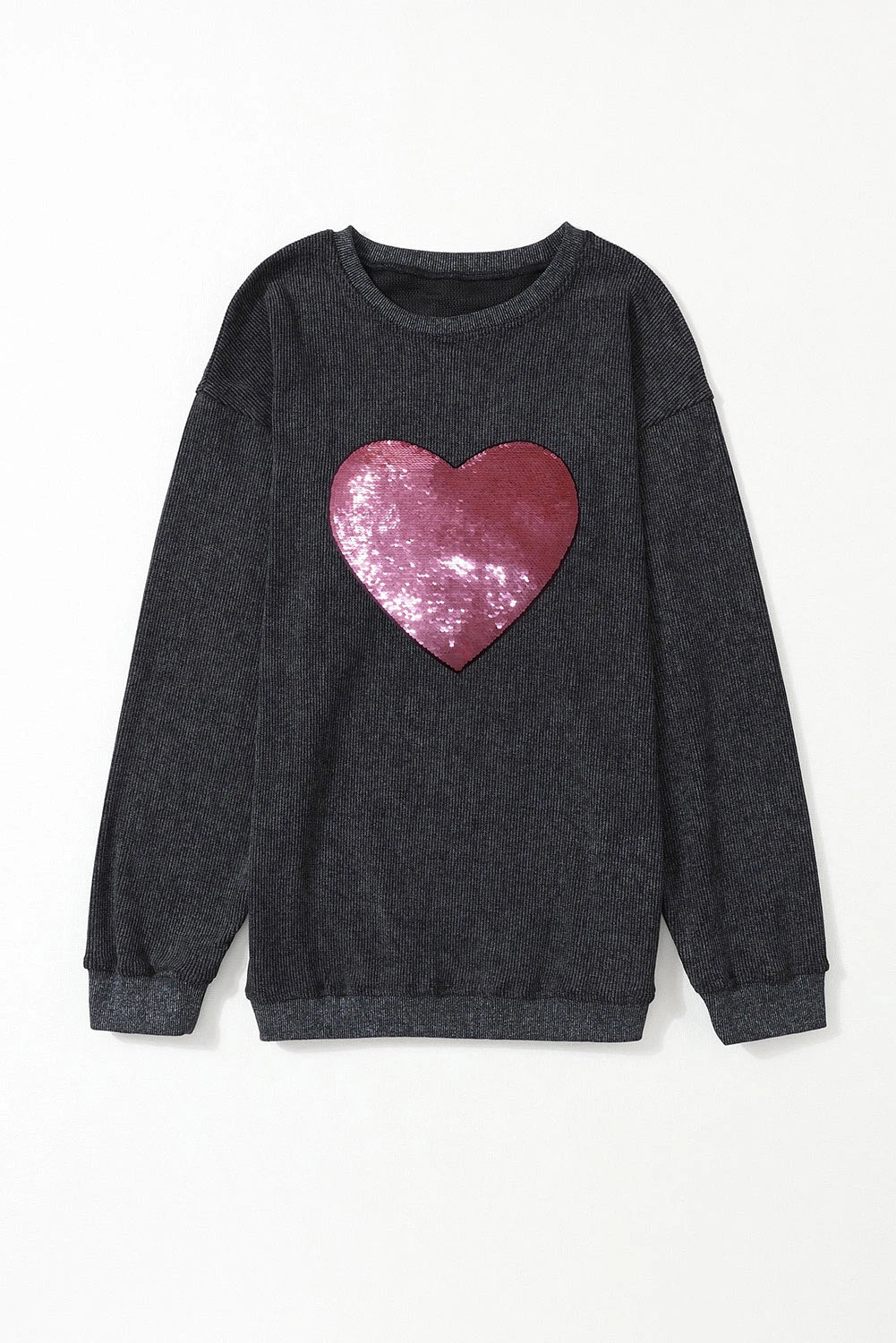 Black Sequin Heart Shaped Crewneck Corded Sweatshirt