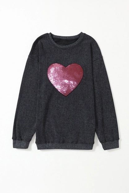 Black Sequin Heart Shaped Crewneck Corded Sweatshirt