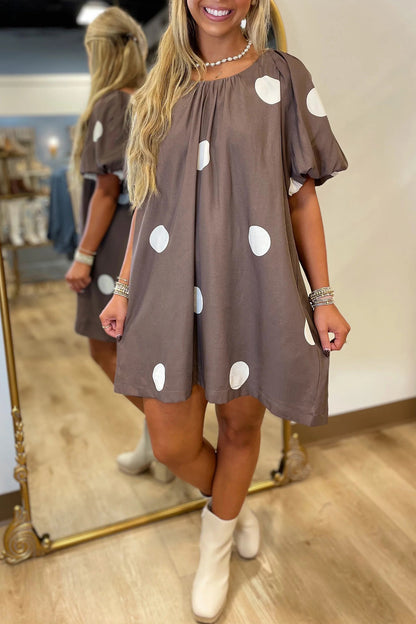 Brown Polka Dot Puff Sleeve Loose Fit Mini Dress