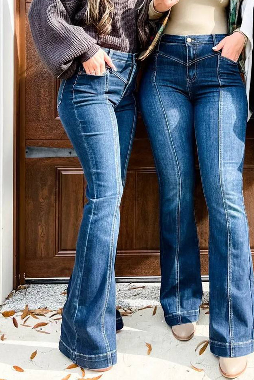 High Waist Flare Jeans with Contrast Seams & Pockets