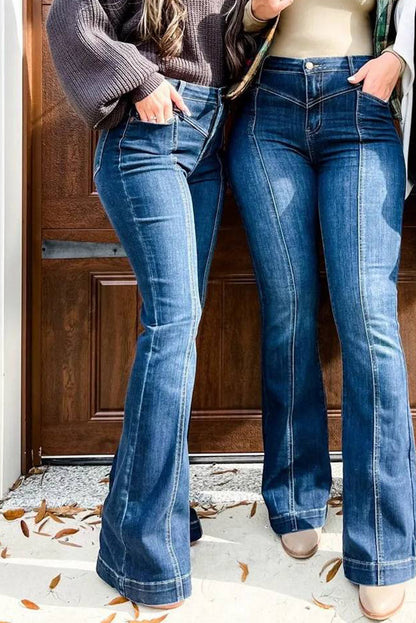High Waist Flare Jeans with Contrast Seams & Pockets