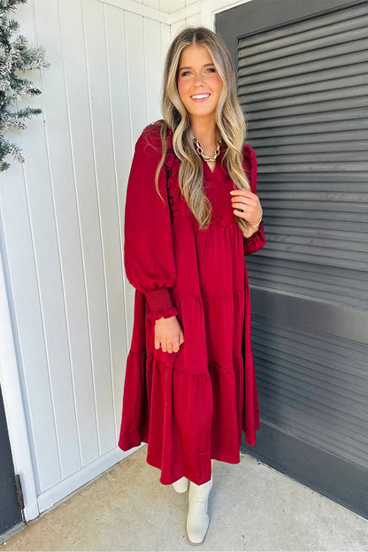 Red Ruffle V-Neck Long Sleeve Tiered Midi Dress