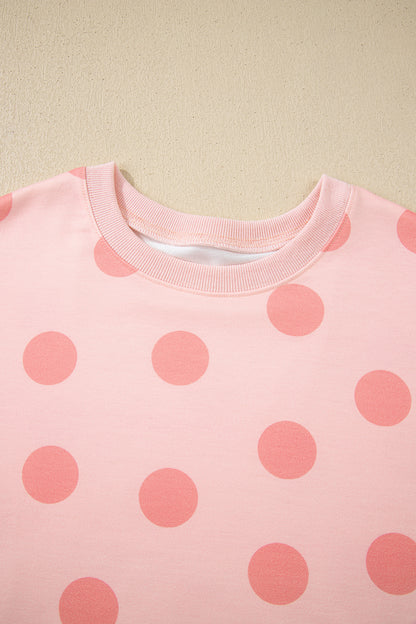 Pink Polka Dot Drop Shoulder Pullover Shorts Set