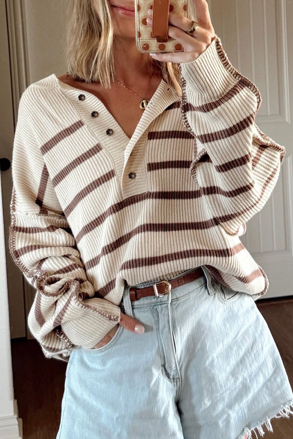 Striped Ribbed Henley Sweater Drop Shoulder Pullover