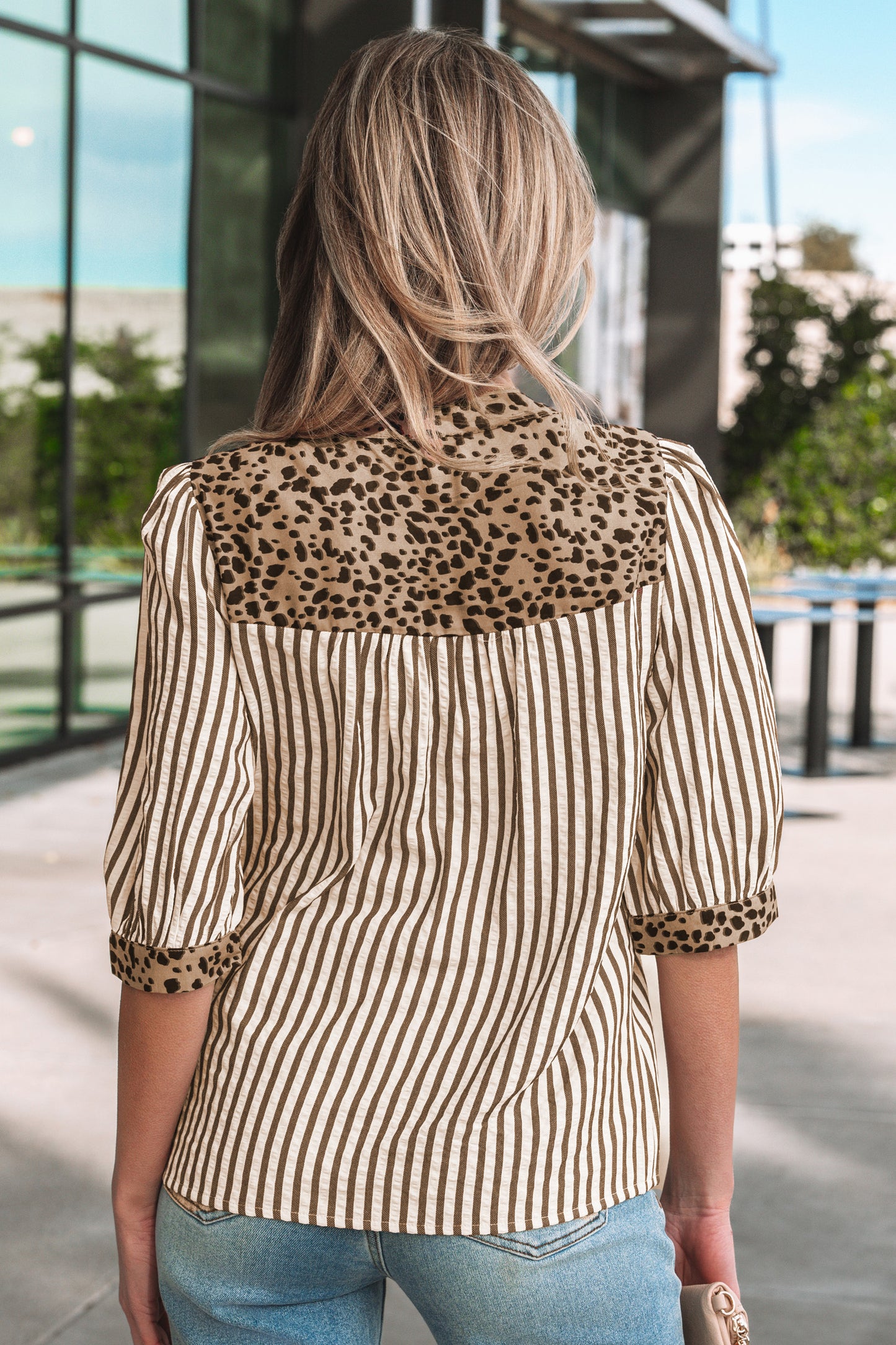 Brown Stripe V Neck Button Down Top with Leopard Trim Detail