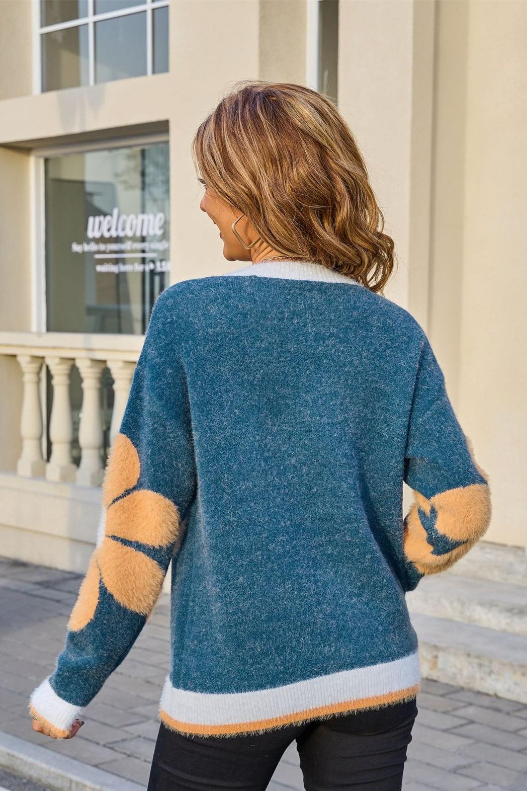 Fuzzy Floral Pullover Sweater – Cozy Colorblock Knit for Fall