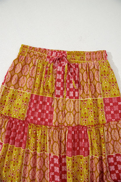 Paisley Print Tiered Maxi Skirt with Pockets