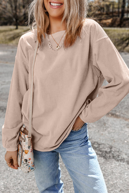 Apricot Ribbed Corduroy Oversized Long Sleeve Top