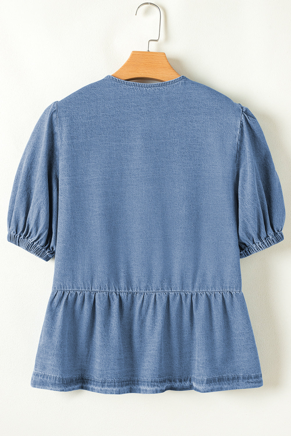 Blue Denim Tie Front Puff Sleeve Peplum Blouse