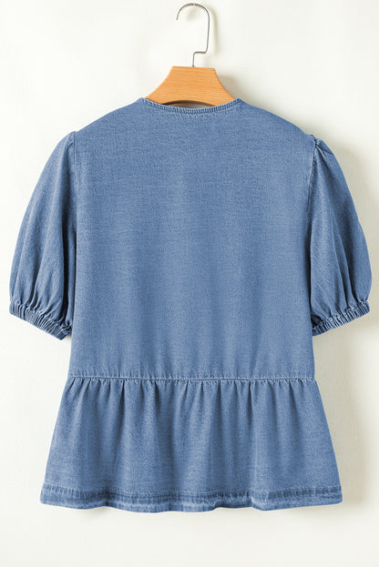 Blue Denim Tie Front Puff Sleeve Peplum Blouse