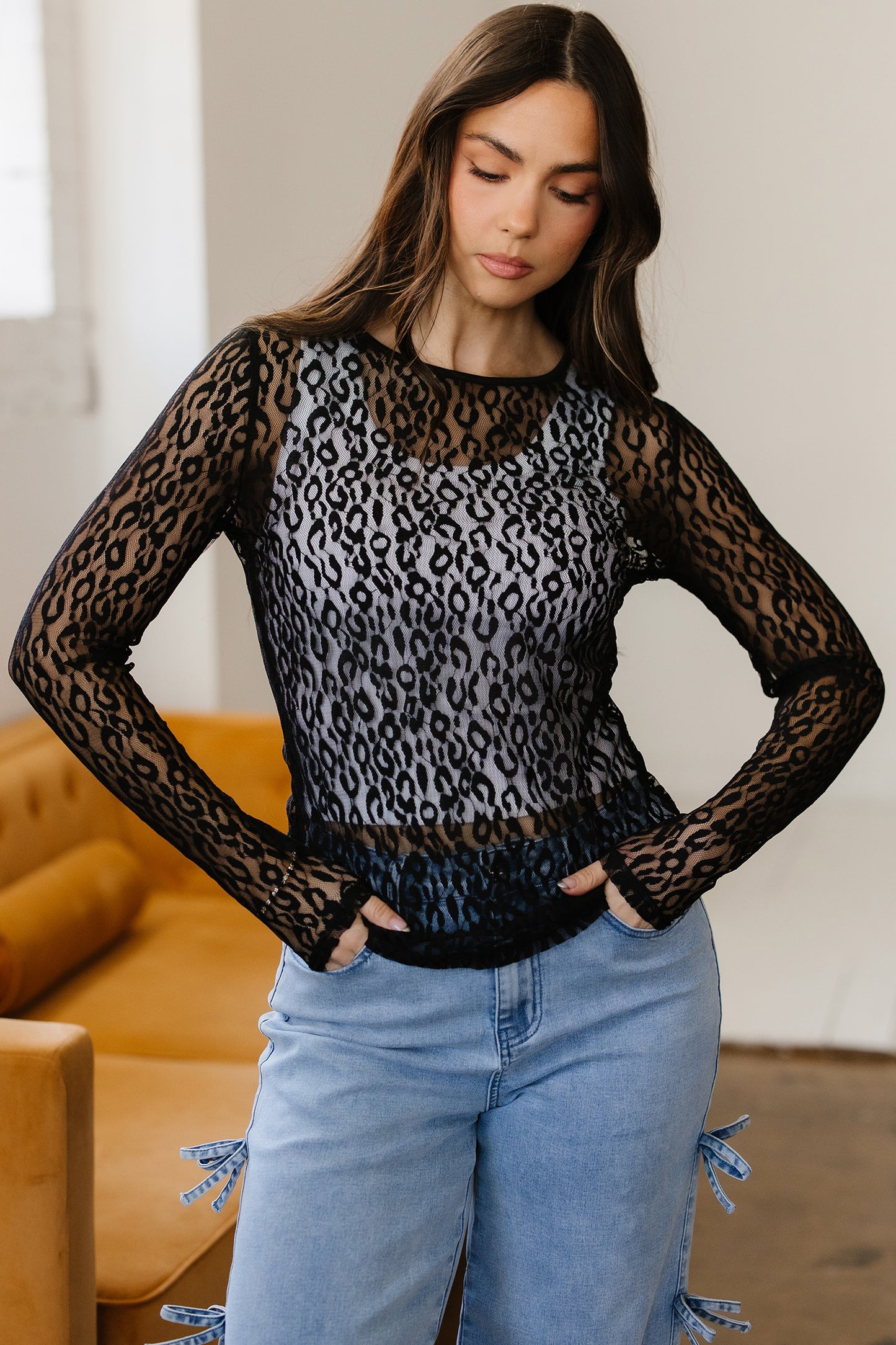 Leopard Mesh Long Sleeve Top Sheer Sexy Shirt Women
