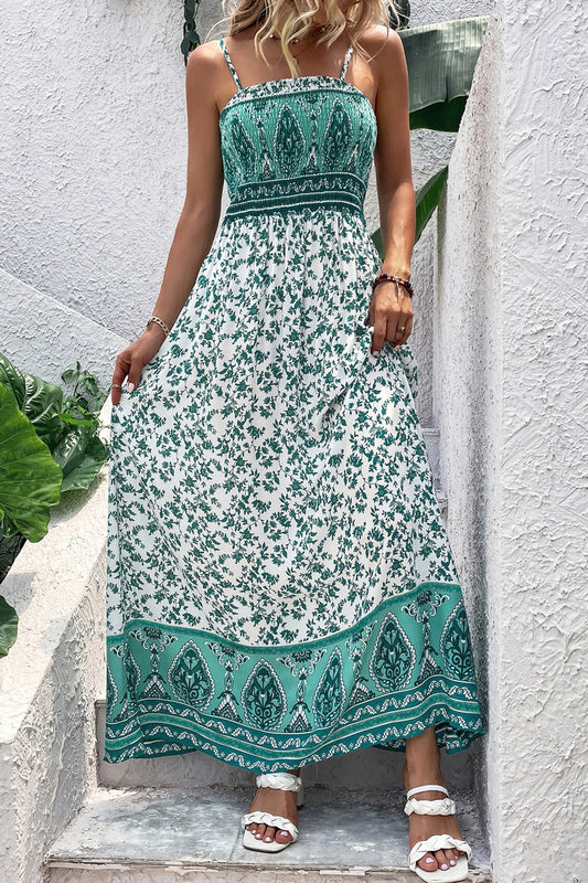 Boho Floral Maxi Dress Shirred Cami Strap Resort Style