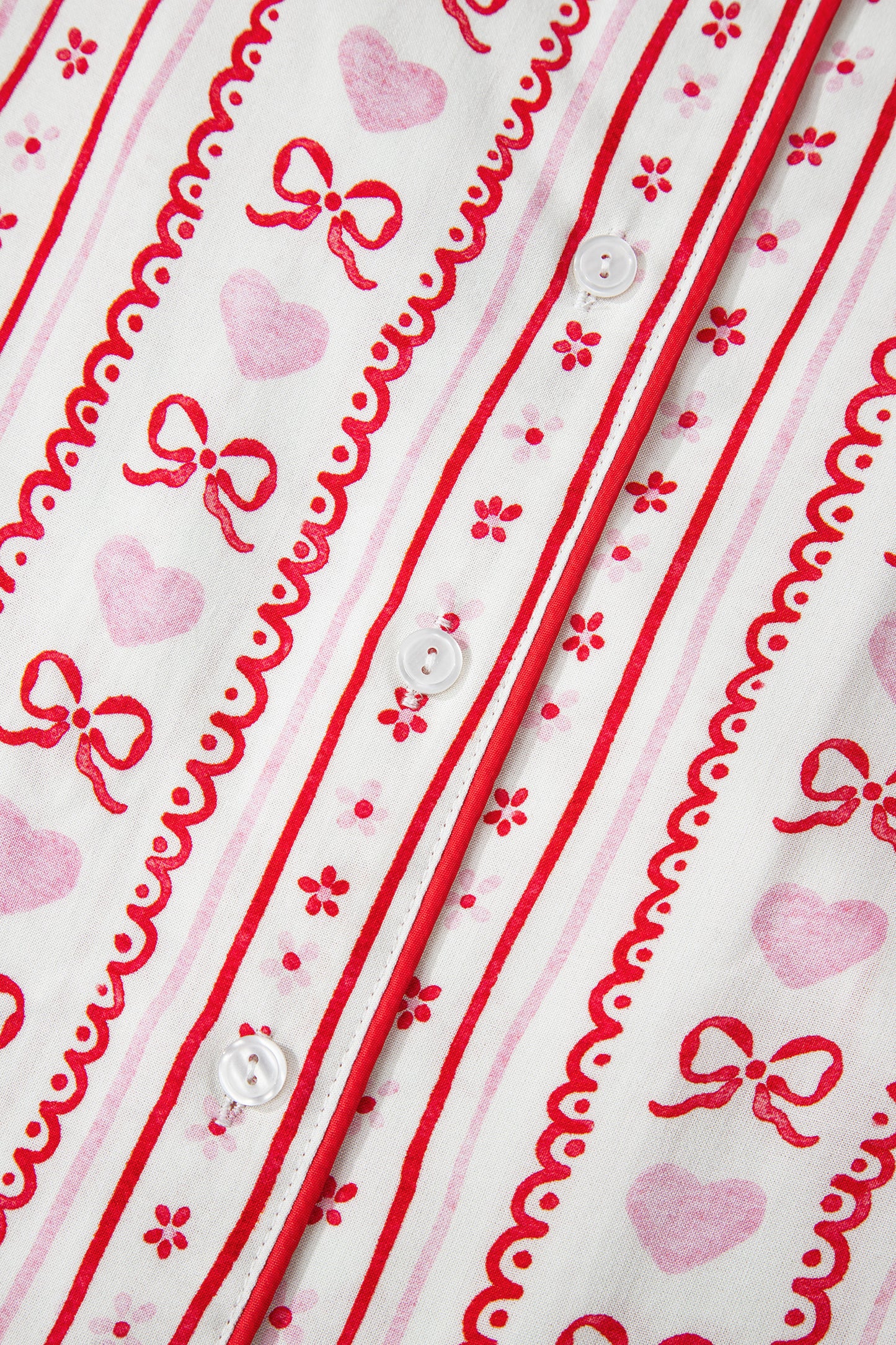 Valentines Heart Bow Print Ribbon Trim 2 Piece Pajama Set