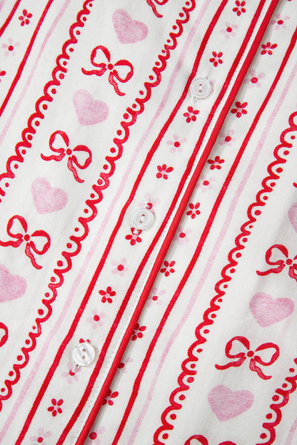 Valentines Heart Bow Print Ribbon Trim 2 Piece Pajama Set