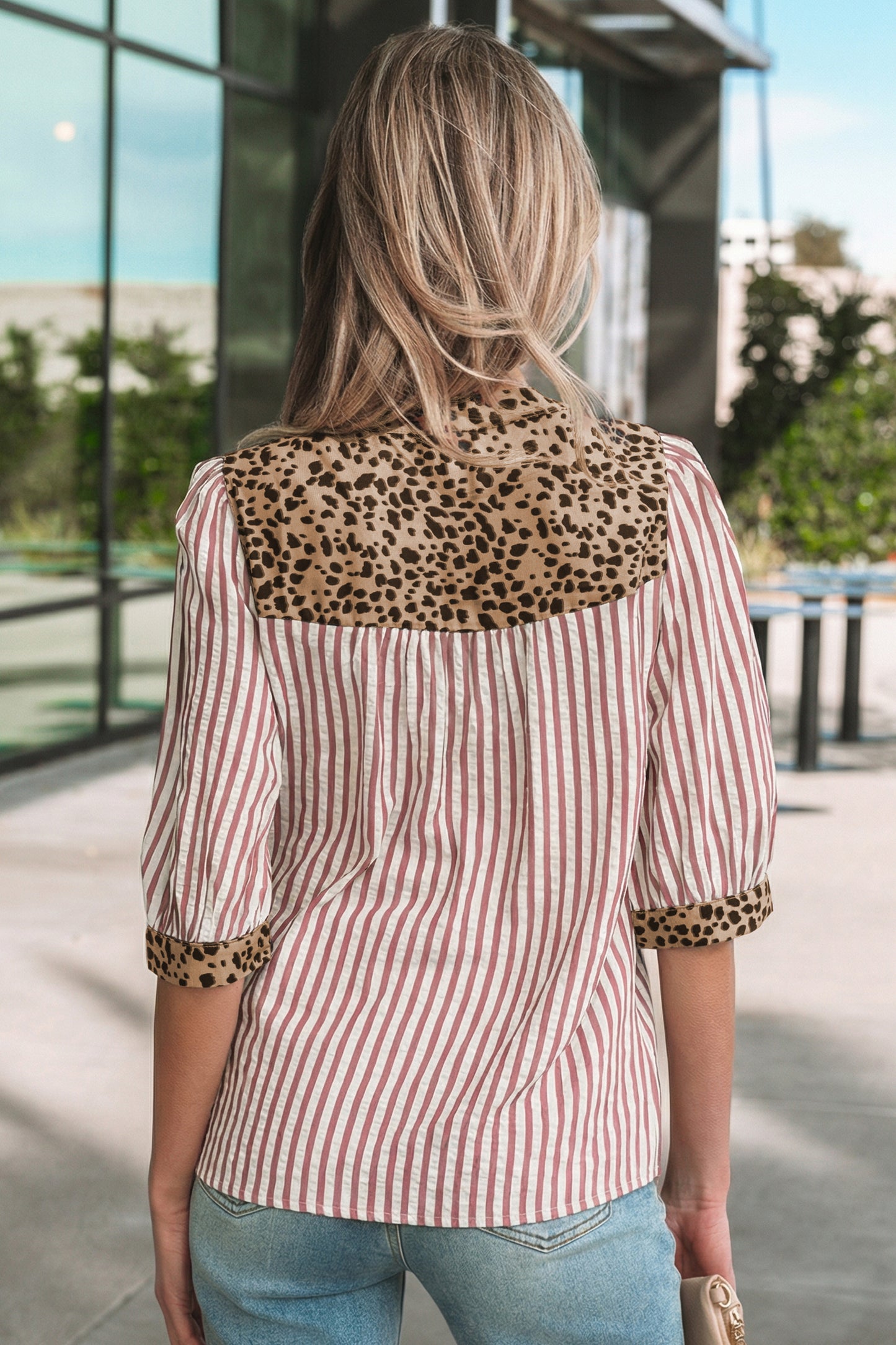 Brown Stripe V Neck Button Down Top with Leopard Trim Detail