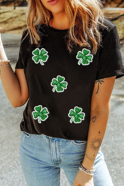 Black Four Leaf Clover Graphic Tee for St Patrick’s Day
