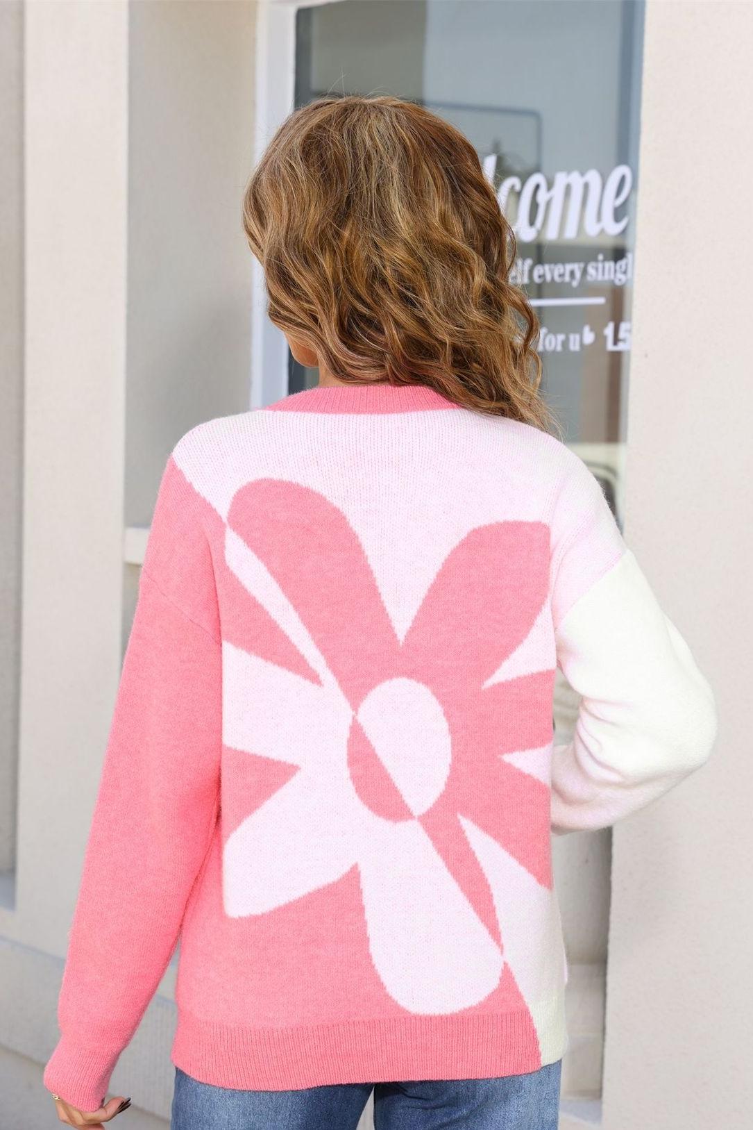 Colorblock Floral Knit Sweater – Pullover Top for Fall Women