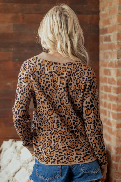 Leopard Print Button Up Knit Cardigan Top