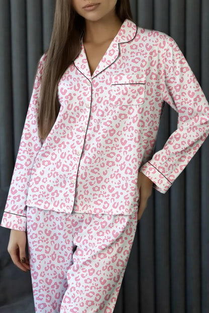 Pink Leopard Satin Pajama Set Long Sleeve Button Down Sleepwear