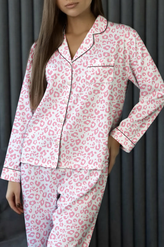 Pink Leopard Satin Pajama Set Long Sleeve Button Down Sleepwear