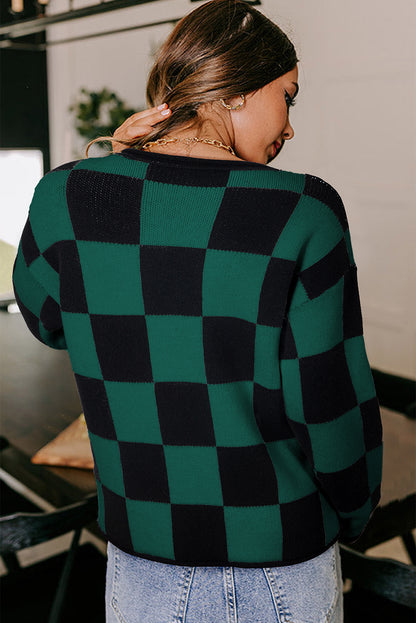 Women's Checkered Knit Sweater with Notched Neck
