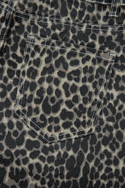 Black Leopard Print High Waist Barrel Leg Jeans
