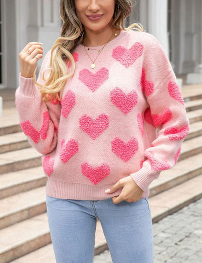 Textured Heart Knit Sweater - Pink Valentine’s Pullover