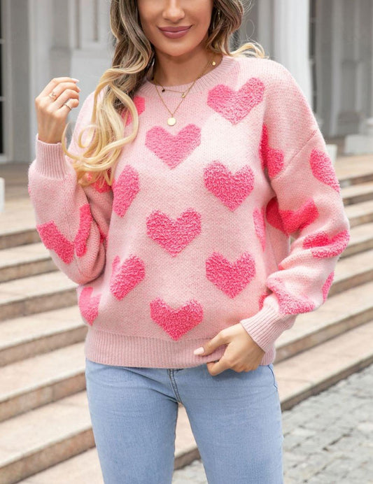Textured Heart Knit Sweater - Pink Valentine’s Pullover