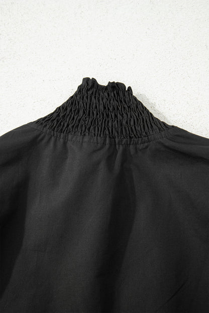 Evergreen Puffy Flounce Sleeve Leopard Trim V Neck Blouse