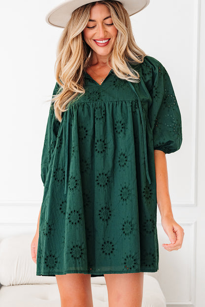 Green Eyelet Embroidered Puff Sleeve Babydoll Mini Dress