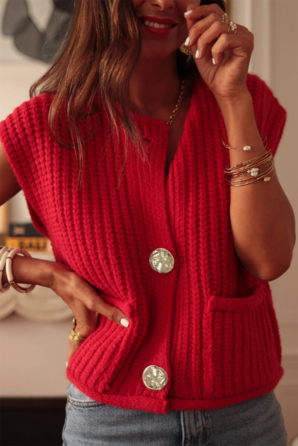 White Chunky Knit Button Front Sweater Vest Women