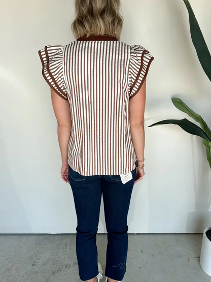 Khaki Stripe V Neck Ruffle Sleeve Summer Blouse