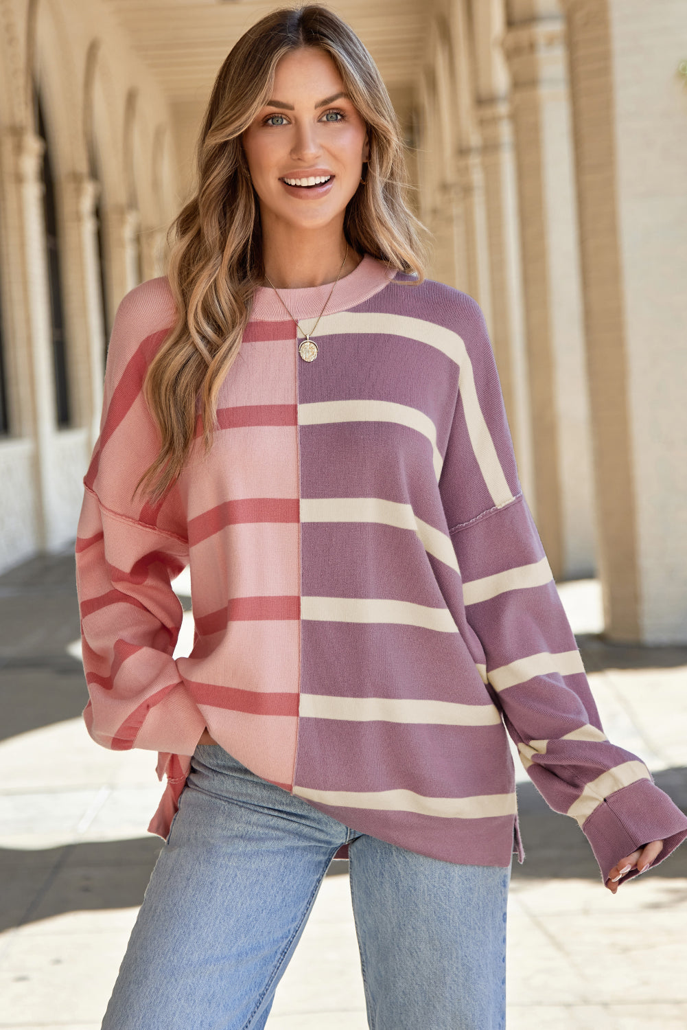 Neutral Colorblock Knit Sweater – Oversized Fit Pullover
