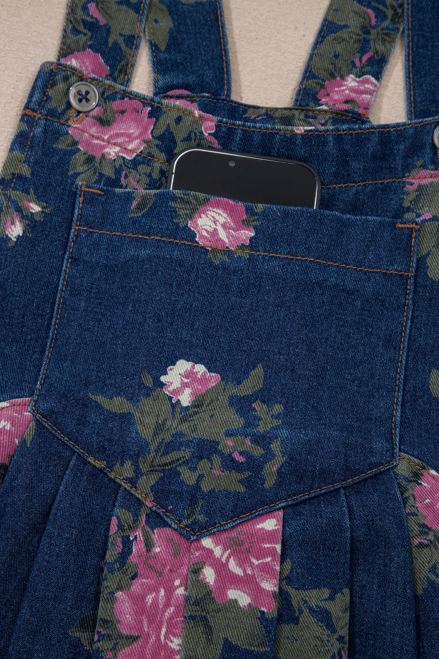 Women’s Blue Floral Wide Leg Denim Jumpsuit Adjustable Straps