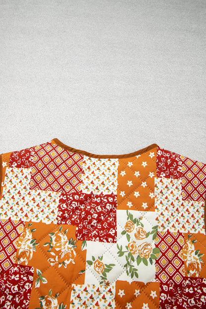 Golden Fleece Quilted Floral Patchwork Contrast Trim V Neck Button Vest