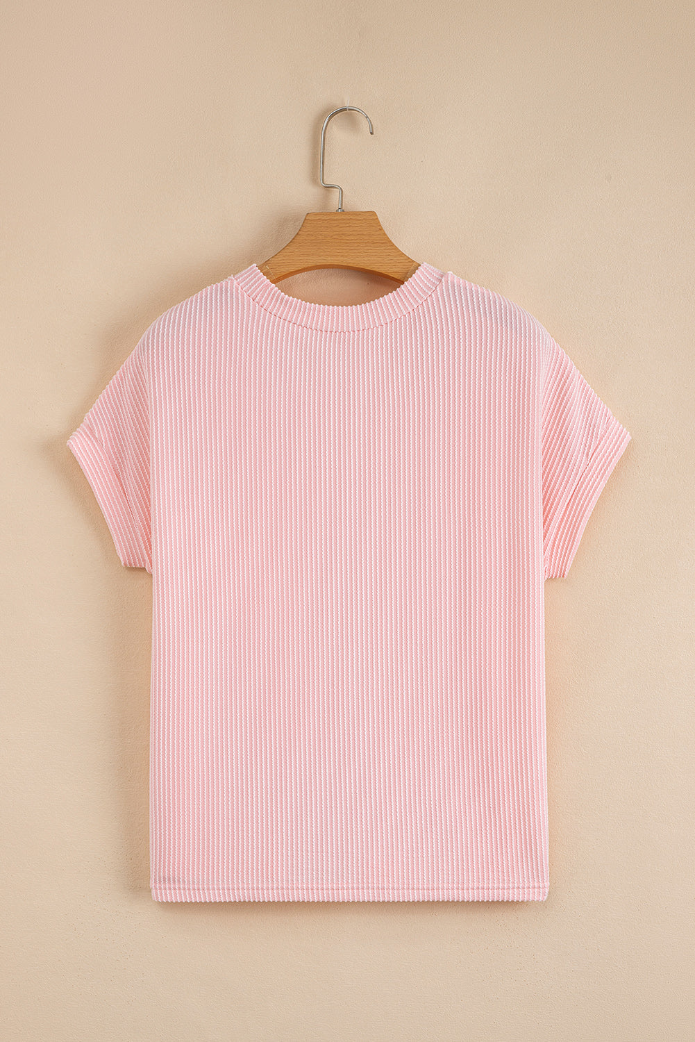 Pink Striped Textured Knit Pocket Casual Tee