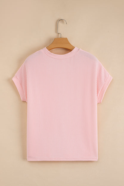 Pink Striped Textured Knit Pocket Casual Tee