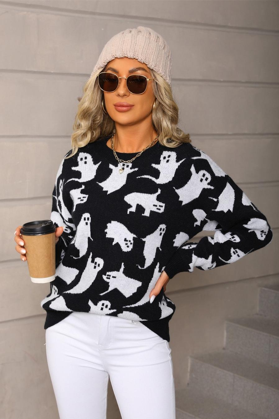 Halloween Ghost Knit Sweater – Oversized Pullover for Fall