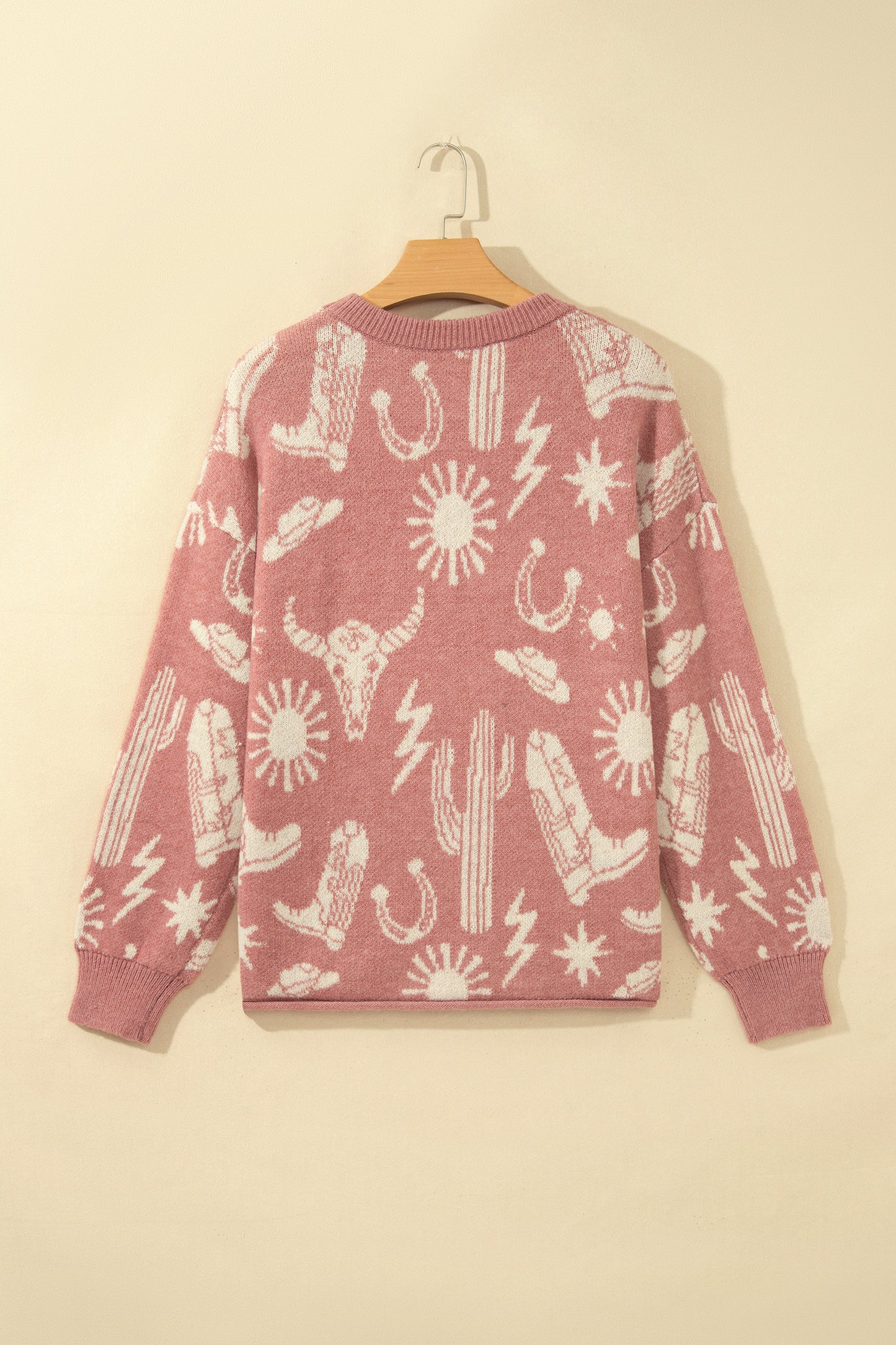 Western Celestial Print Oversized Crew Neck Sweater