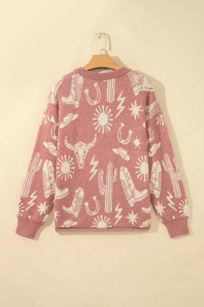 Western Celestial Print Oversized Crew Neck Sweater